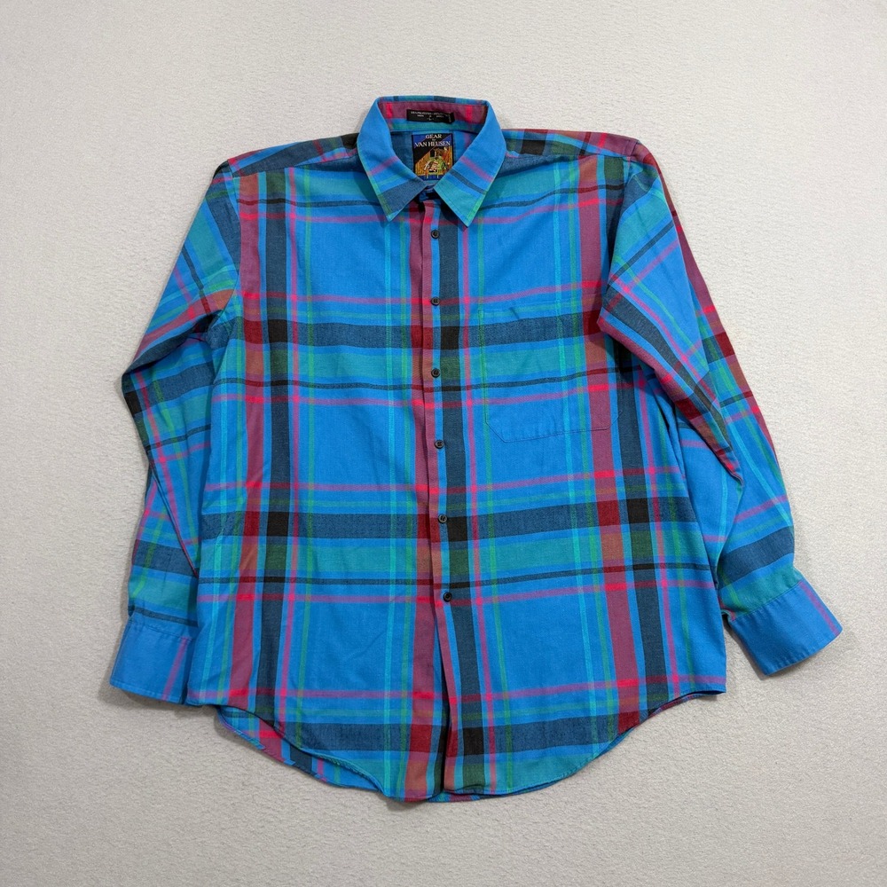 Vintage Van Heusen Button Shirt Large Blue Plaid Long Sleeve 80s 90s Preppy